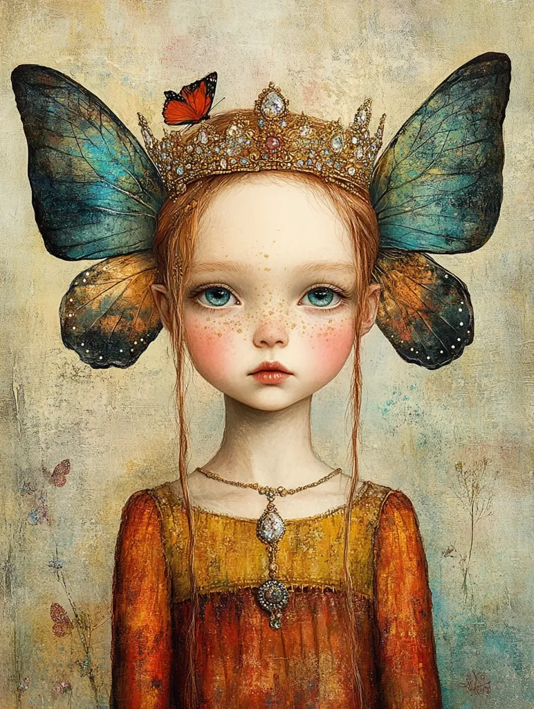 A young girl, crowned with a jeweled diadem and large, iridescent butterfly wings, is the focal point of this painting.  Her freckled face and serious expression convey a sense of quiet dignity.  She wears a long, rust-colored dress and a delicate gold necklace with a pendant.  Small butterflies flutter in the muted, textured background, adding to the ethereal atmosphere. The overall style is reminiscent of fantasy art, with a touch of vintage aesthetic.