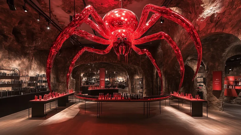 A cavernous space is dramatically illuminated, showcasing a large, translucent red spider sculpture as its centerpiece.  The spider's legs extend towards the walls, framing a display of what seems to be perfume bottles on sleek, black tables. The walls are textured and dark, providing a stark contrast to the vibrant red of the spider and the products.  The overall aesthetic is gothic and luxurious, suggestive of a high-end perfume store or exhibition.