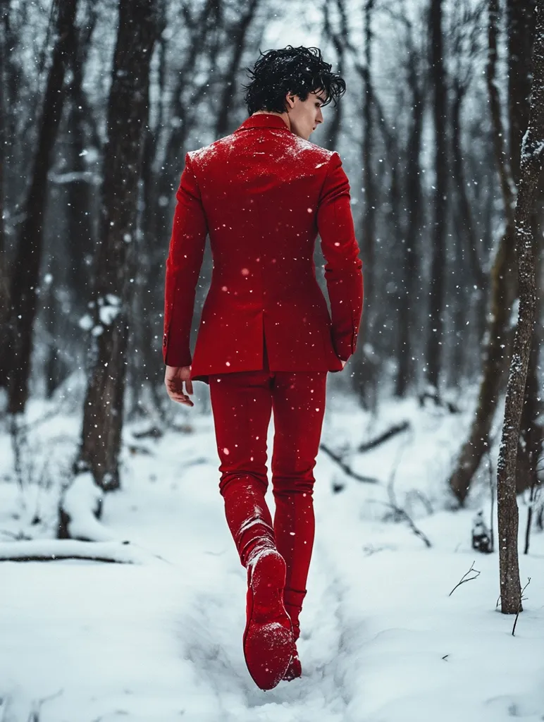 Here's a description of the image:

The photograph shows a young man with dark hair, walking away from the camera down a snow-covered path in a wintry forest.  He is dressed in a vibrant crimson suit, the color stark against the white snow and dark trees. The snow falls softly around him. His back is to the camera, giving a sense of mystery and solitude. The overall mood is one of quiet contemplation and winter's beauty.  The focus is sharply on the man, with the background slightly blurred, drawing attention to his striking attire in the snowy landscape.