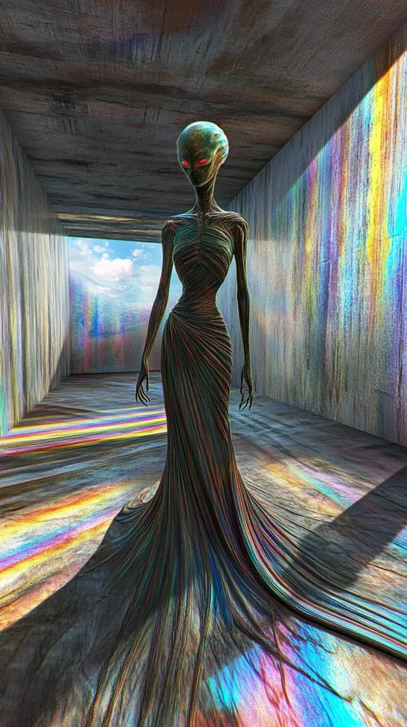 An alien figure, grey-skinned with red eyes, stands in a minimalist concrete room.  It wears a long, flowing, iridescent gown that pools on the floor, its texture resembling woven threads.  Sunlight streams through an unseen opening, casting rainbow-hued refractions across the walls and floor, enhancing the surreal atmosphere of the scene. The overall style is digitally rendered, combining elements of science fiction and art.
