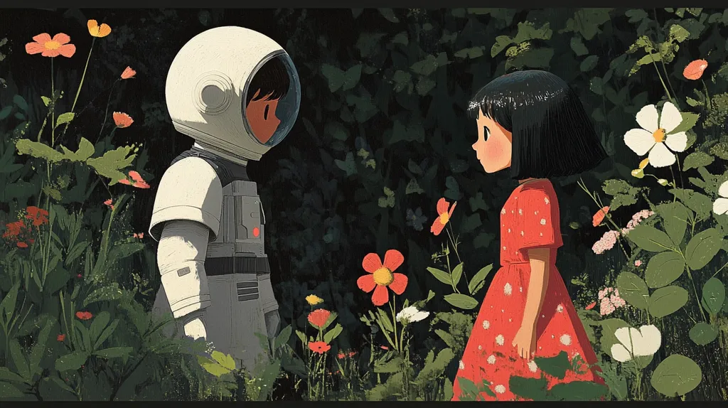 The illustration depicts a young astronaut, in a white helmet and spacesuit, facing a girl in a red polka-dot dress.  They stand amidst a lush garden overflowing with various flowers in shades of red, white, and orange. The scene is painted in a stylized, almost painterly manner, with soft shadows and vibrant colors creating a dreamlike atmosphere.  The contrast between the astronaut's futuristic attire and the natural beauty of the garden suggests a juxtaposition of worlds or a hopeful encounter. The overall mood is serene and slightly mysterious.