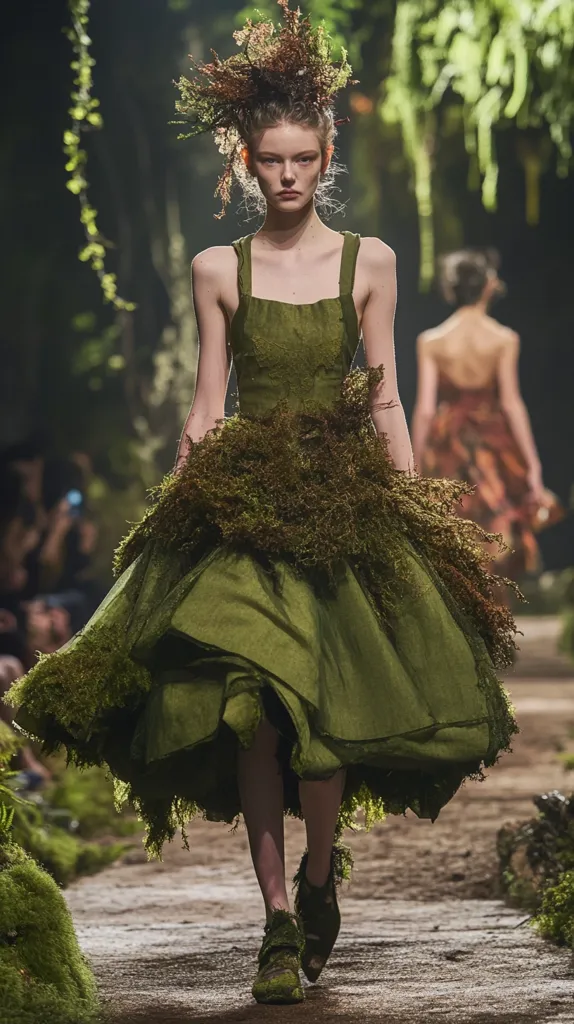 A model walks a runway wearing a flowing, olive-green dress adorned with moss-like embellishments.  The dress's design is simple, yet the textural contrast of the smooth fabric and the rough, natural elements creates a striking effect.  Her hair is styled with a similar mossy crown, further emphasizing the nature-inspired theme.  The shoes, too, are decorated with what appears to be moss, completing the earthy, woodland look.  The background suggests a lush, green setting, enhancing the overall ethereal feel.