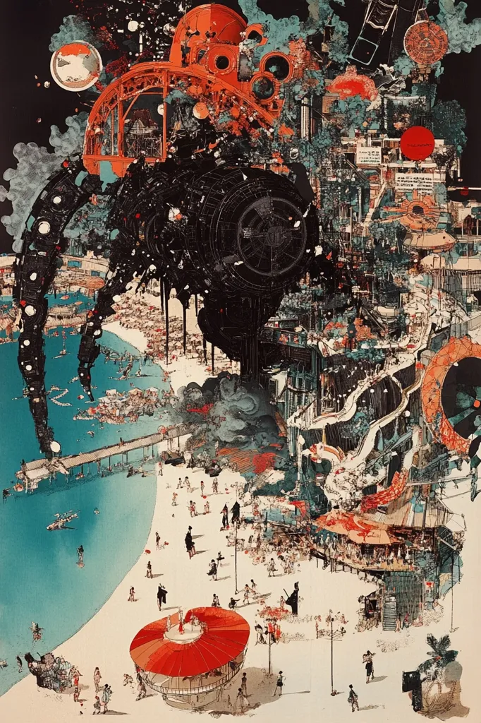 A vibrant, surreal artwork depicts a beach scene juxtaposed with a massive, intricate mechanical structure dominating the composition.  The structure, a blend of orange, black, and teal, appears as a fantastical machine or spaceship, its components spilling down towards a beach populated with tiny figures. The ocean is a teal-blue, a stark contrast to the predominantly warm tones of the structure and the sandy beach. The overall style is reminiscent of a dreamlike collage, blending realistic and fantastical elements in a visually arresting display.