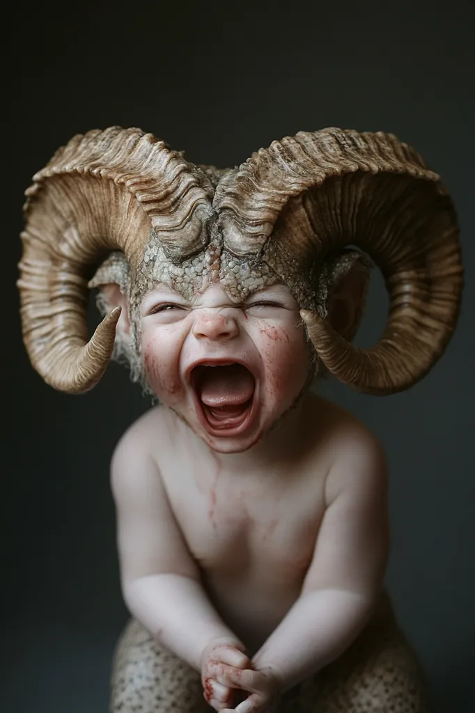 Here's a description of the image:

The image shows a baby, seemingly digitally altered, wearing a large, intricately detailed ram's horn headdress. The baby's skin has a textured, almost reptilian appearance, and is marked with what looks like blood or paint, adding to the fantastical effect. The baby's mouth is open in a wide, screaming expression, enhancing the dramatic, almost monstrous feel.  The background is a simple, dark gray, which emphasizes the subject. The overall effect is surreal and slightly unsettling, creating a striking visual juxtaposition of innocence and otherworldliness.