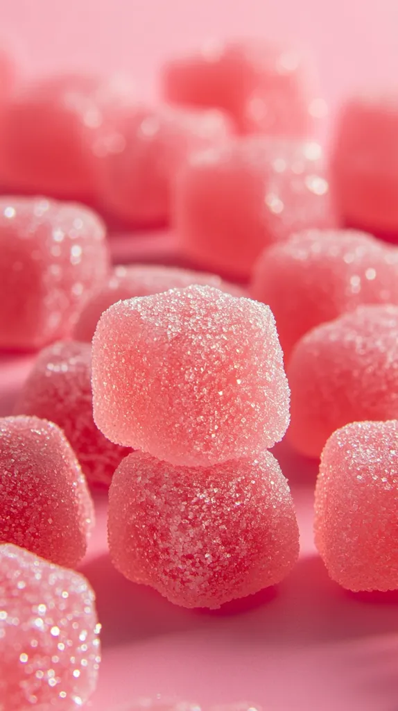 Here's a description of the image:

A close-up shot showcases a collection of pink, cube-shaped candies, glistening with a fine sugar coating.  The candies are softly lit against a pale pink background, creating a gentle, almost ethereal effect.  The focus is sharpest on a stack of two candies in the center, while others in the foreground and background are slightly blurred, adding depth to the image. The overall impression is one of sweetness and delicate texture.