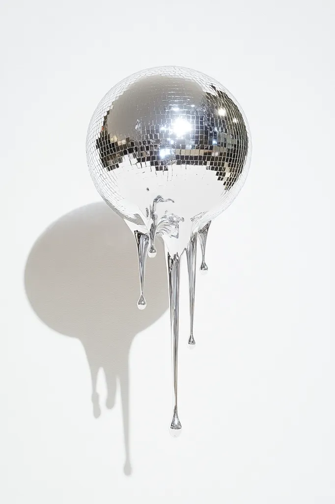 Here's a description of the image:

The photograph shows a sculpture resembling a disco ball melting.  The upper portion is a classic mirrored disco ball, while the lower part depicts several long, icicle-like drips of the same mirrored material extending downward. The drips end in pointed, teardrop shapes. The sculpture is displayed against a stark white background, casting a shadow that mirrors its form.  The overall effect is one of surreal elegance and unexpected fluidity.