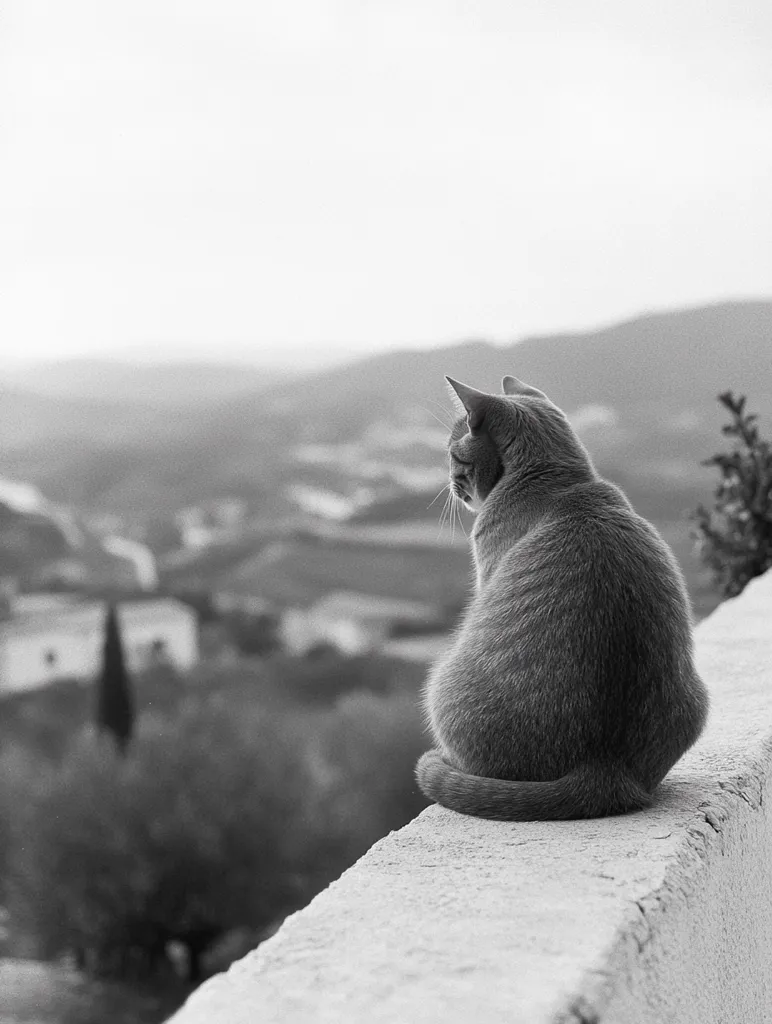 A gray cat sits perched on a low wall, its back to the camera.  It gazes out at a softly blurred landscape of rolling hills, a distant village, and sparse vegetation. The black and white photograph creates a serene and contemplative mood. The cat's fluffy tail and rounded posture suggest a relaxed state, as if enjoying the panoramic view. The overall image evokes a sense of peace and quietude.