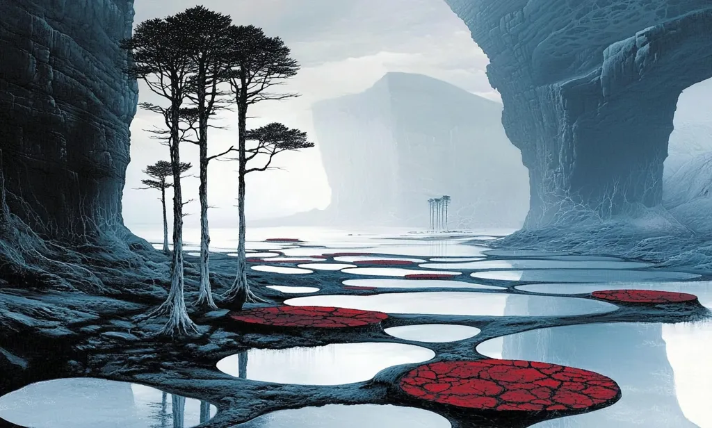 The artwork depicts a serene yet surreal landscape.  Dark, craggy cliffs flank a body of water dotted with numerous circular pools, some filled with a reflective surface, others displaying cracked, crimson patches.  Slender, dark trees stand near the cliffs, contrasting against the cool tones of the water and rock.  The overall atmosphere is calm and mysterious, hinting at an alien or dreamlike world.  The distant landscape features hazy, mountain-like forms, adding depth and perspective to the scene.