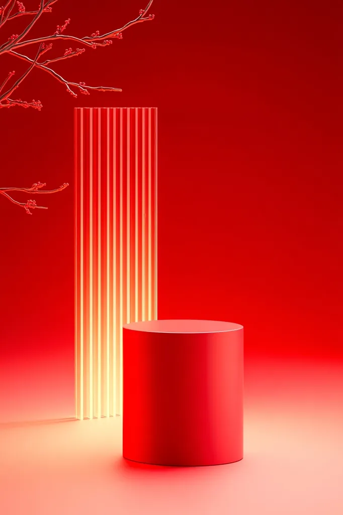 Here's a description of the image:

The image showcases a minimalist, modern scene rendered in vibrant red tones. A short, cylindrical pedestal sits centrally, seemingly made of a matte red material. Behind it stands a taller, slender structure composed of parallel, translucent red rods, creating a linear, almost curtain-like effect. A stylized branch with sparse, delicate red blossoms is positioned to the left, adding a touch of organic contrast to the otherwise geometric composition. The overall effect is sleek, clean, and suggestive of a product display or artistic arrangement. The red background creates a unified and intense color palette.