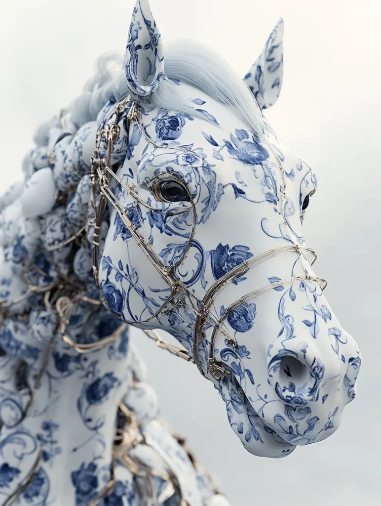 Here's a description of the image:

The image showcases a close-up of a horse's head, meticulously crafted and adorned in a striking blue and white porcelain pattern, reminiscent of Delftware or Chinese blue and white pottery.  The horse's form is three-dimensional, appearing almost sculptural. A delicate, gold-toned bridle or harness adds to the intricate detail.  The overall effect is one of elegance and delicate artistry, blending traditional porcelain designs with a contemporary sculptural form.  The background is a muted off-white, drawing focus to the horse's head and its intricate details.