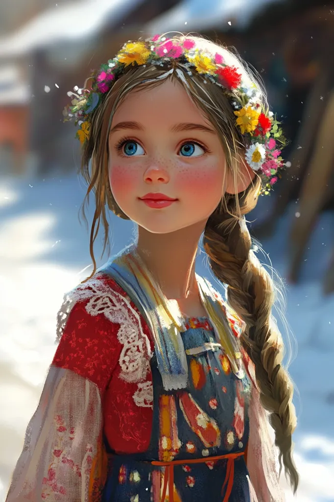 A digital painting depicts a young girl with rosy cheeks and bright blue eyes.  She wears a vibrant red and blue dress adorned with white lace, and a crown of colorful wildflowers sits atop her long, braided blonde hair.  The girl gazes upward with a serene expression, set against a softly blurred snowy background, suggesting a winter scene.  The style is reminiscent of children's book illustration, with a focus on soft lighting and detail in the girl's features and clothing.