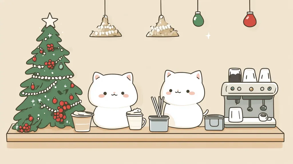 Here's a description of the image:

The illustration depicts a charming Christmas scene at a cozy cafe. Two adorable, cartoonish white cats sit at a counter, flanked by a decorated Christmas tree and an espresso machine.  Warm-toned drinks sit before the cats, adding to the festive and inviting atmosphere.  Simple, hanging ornaments complete the whimsical holiday setting. The overall style is cute and minimalist.