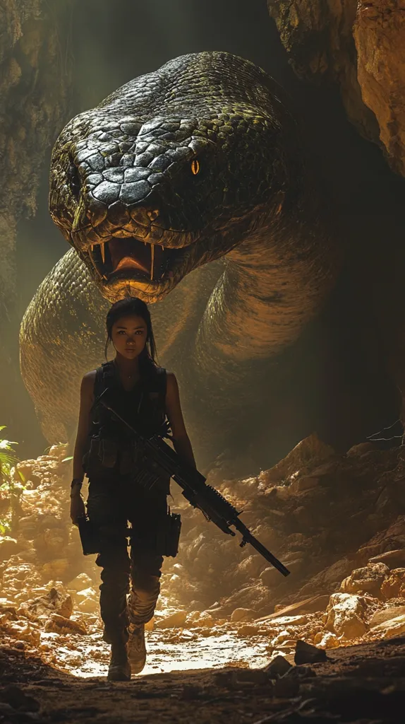 A young woman, clad in tactical gear and carrying a rifle, walks through a dimly lit cave.  A massive, menacing serpent, its head filling much of the frame, looms behind her.  The scene is dramatic, suggestive of a perilous adventure or confrontation.  The lighting accentuates the textures of the snake's scales and the rocky cave walls, creating a mood of suspense and danger.
