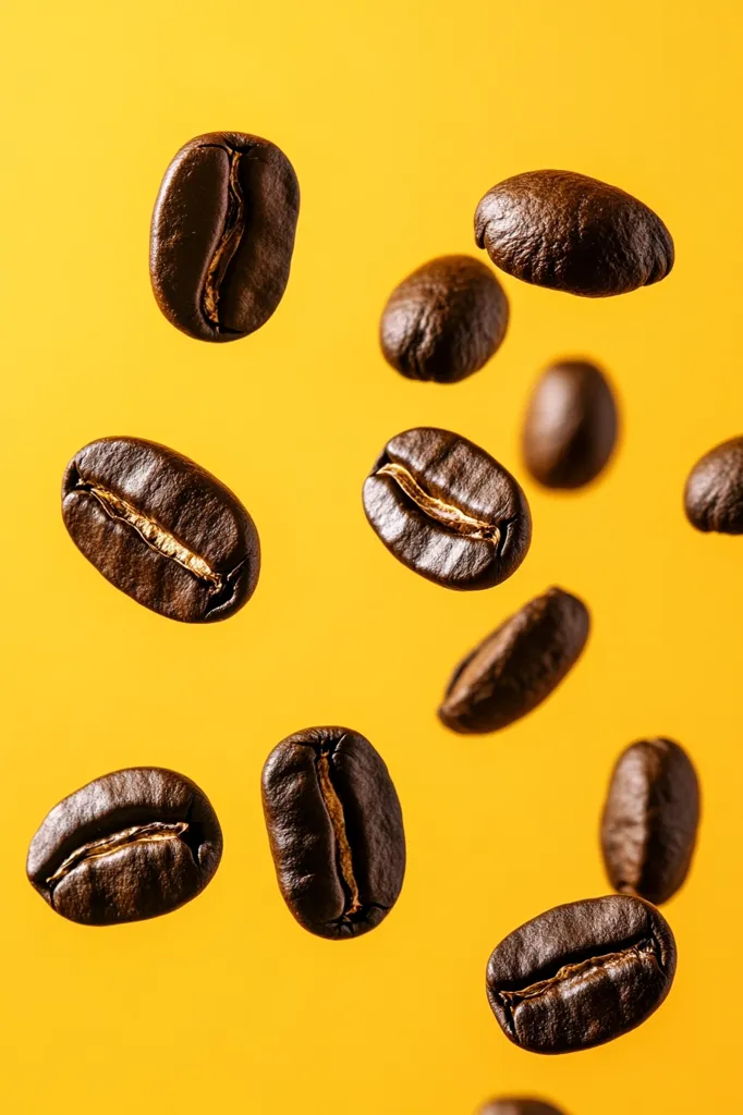 Multiple roasted coffee beans are suspended in mid-air against a vibrant yellow background.  The beans are dark brown, exhibiting varying textures and shades.  They appear to be falling or floating, creating a dynamic and visually appealing image suggestive of freshness and energy. The bright yellow backdrop provides a strong contrast, emphasizing the rich tones of the coffee beans.
