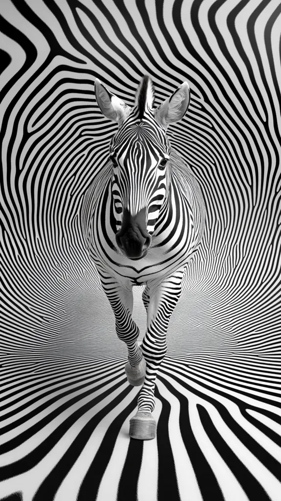 A zebra runs towards the viewer, its body seemingly merging with a swirling, hypnotic black and white striped background.  The stripes create a vortex effect, drawing the eye to the zebra's focused gaze. The monochrome palette emphasizes the stark contrast and pattern, creating a striking optical illusion.  The image is both visually captivating and subtly surreal.