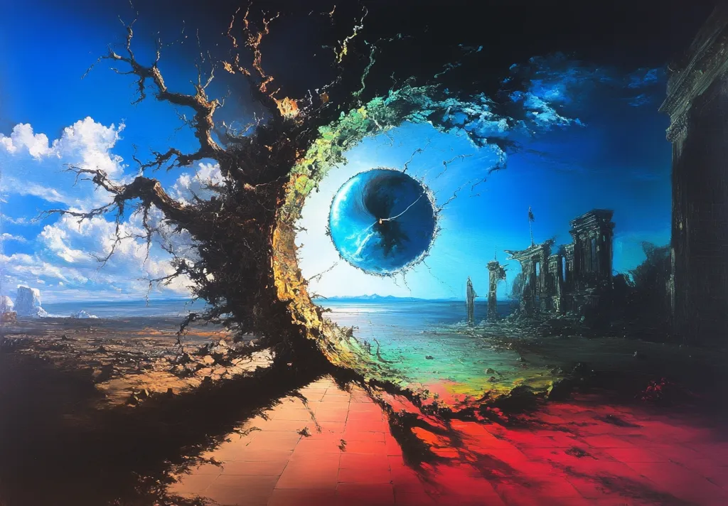 This surreal artwork depicts a large, dark tree dominating the left half of the canvas, its branches reaching towards a vibrant, otherworldly scene.  A glowing blue orb hangs in the sky above a desolate landscape featuring the ruins of ancient structures on the right. The ground transitions from barren earth to a colorful, almost fiery expanse at the bottom. The overall effect is dreamlike, contrasting dark decay with brilliant, fantastical elements. The piece suggests themes of time, destruction, and the juxtaposition of contrasting worlds.