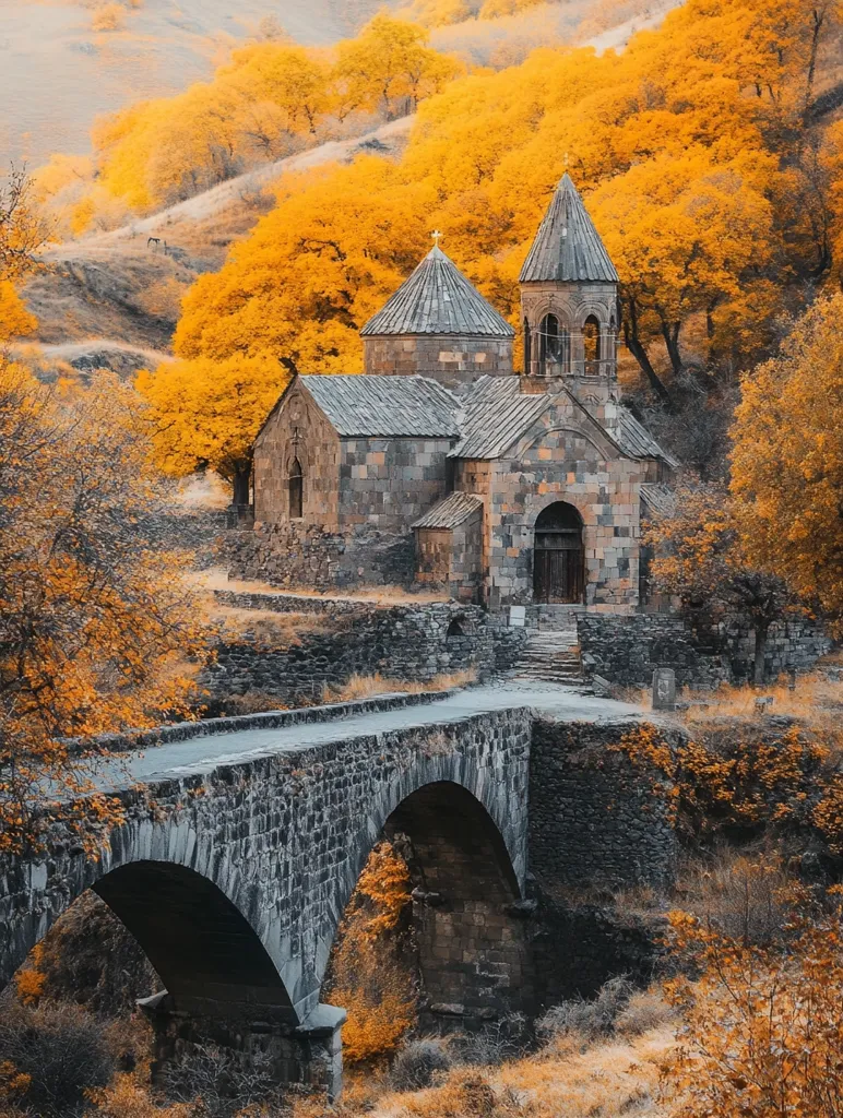 A picturesque stone church, nestled amongst vibrant golden autumn foliage, sits majestically atop a hill.  A sturdy, arched stone bridge leads towards it, spanning a dry riverbed. The scene is serene and evocative of ancient history, with the church's weathered stone contrasting beautifully with the fiery hues of the surrounding trees.  The overall impression is one of timeless beauty and peaceful isolation.