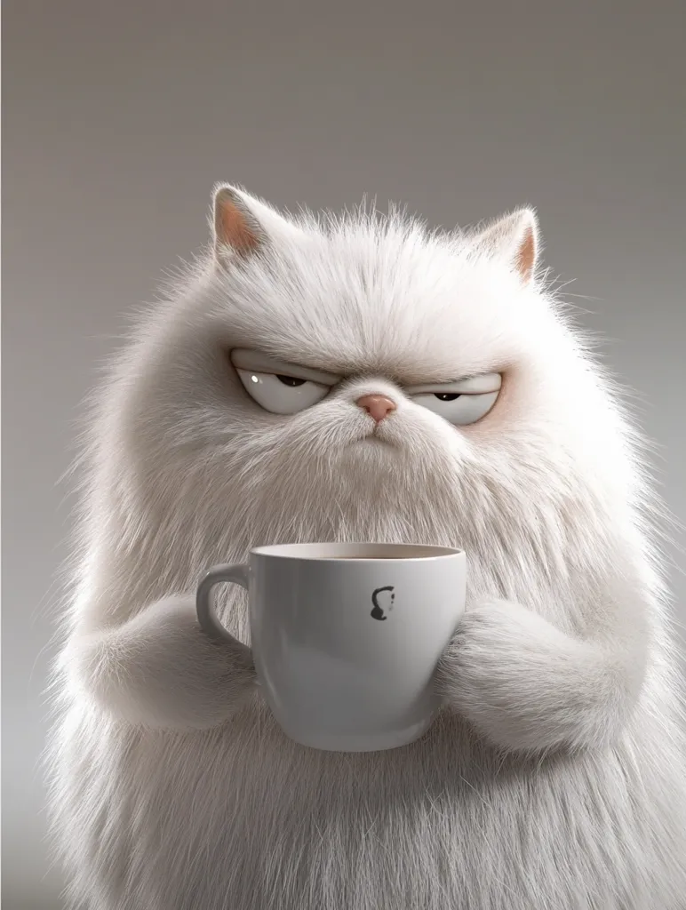 A fluffy, white cat, rendered in a cartoonish style, sits holding a white mug filled with a dark liquid.  The cat's expression is one of grumpy displeasure, its eyebrows furrowed in a scowl.  The fur is exceptionally thick and detailed, contrasting with the simple, clean lines of the mug. The overall image is a blend of cute and grumpy, creating a humorous juxtaposition.