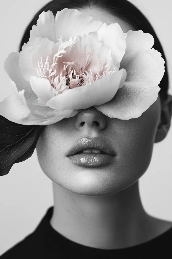 Here's a description of the image:

The monochromatic photograph showcases a woman's face, partially obscured by a large, pale peony blossom.  The flower delicately covers her eyes, its soft petals contrasting with the smooth skin of her face.  The woman's lips are full and slightly parted, her expression serene and suggestive. The overall aesthetic is minimalist and elegant, emphasizing the beauty of both the woman and the flower through a sophisticated interplay of light and shadow. The image is striking in its simplicity and visually arresting in its unique composition.
