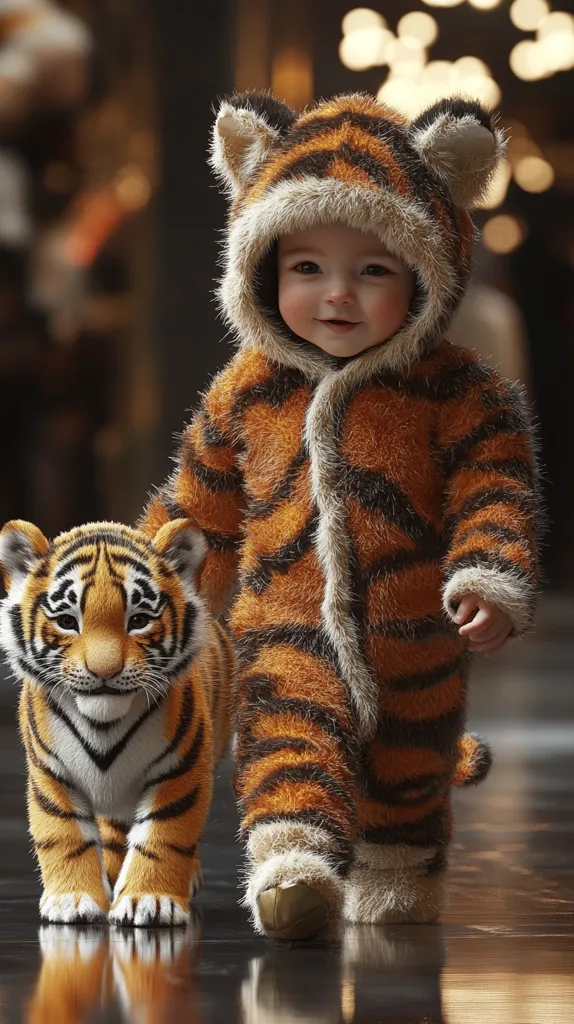 A baby, wearing an adorable tiger-striped hooded onesie, walks alongside a similarly patterned baby tiger cub.  The infant's face is visible through the hood's opening, showing a sweet expression.  Both the child and the cub are incredibly lifelike, suggesting a digitally enhanced or artistic rendering. The dark background provides a dramatic contrast, emphasizing the warm tones of the orange and black stripes. The overall scene evokes feelings of warmth and cuteness.