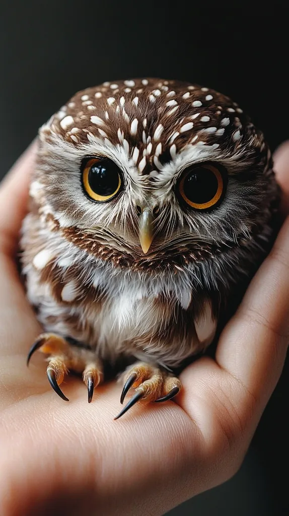 Here's a description of the image:

Close-up view of a small owl nestled gently in a person's hand. The owl is predominantly brown and white, with distinctive speckled feathers. Its large, round eyes are a striking amber color. The owl's sharp talons are visible, clinging slightly to the skin. The hand provides a soft contrast to the owl's textured plumage and intense gaze. The background is dark and blurry, drawing focus to the owl. The overall mood is one of quiet tenderness and the captivating wildness of nature.
