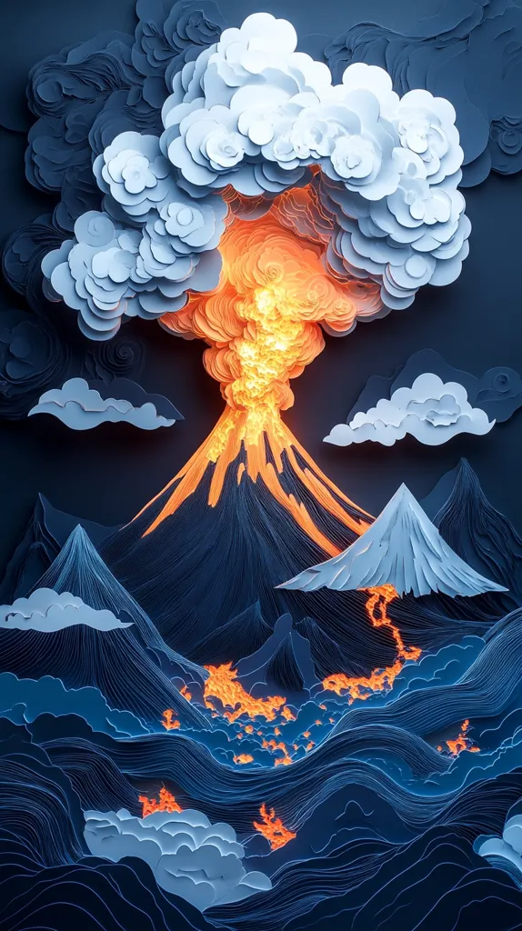 Here's a description of the image:

The artwork depicts a dramatic volcanic eruption rendered in a striking paper-cut style.  A central volcano, intricately layered in dark blues, spews bright orange lava against a backdrop of stylized, layered clouds in pale blues and whites.  Smaller, surrounding mountains echo the volcano's texture.  Lava flows down the mountainside and into a valley, adding fiery orange accents to the predominantly cool-toned landscape.  The overall effect is one of both power and delicate artistry.