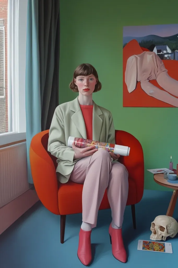 A hyperrealistic painting depicts a young woman with short brown hair sitting in a vibrant orange armchair. She's elegantly dressed in a pale green blazer and light pink trousers, and holds a rolled-up colorful textile. The setting is a room with teal curtains and a green wall, featuring a smaller painting of a reclining nude figure on an orange backdrop. A skull and tarot cards rest on the floor near a small side table, adding a subtle air of mystery to the scene. The overall style is clean and precise, with a focus on color and composition.