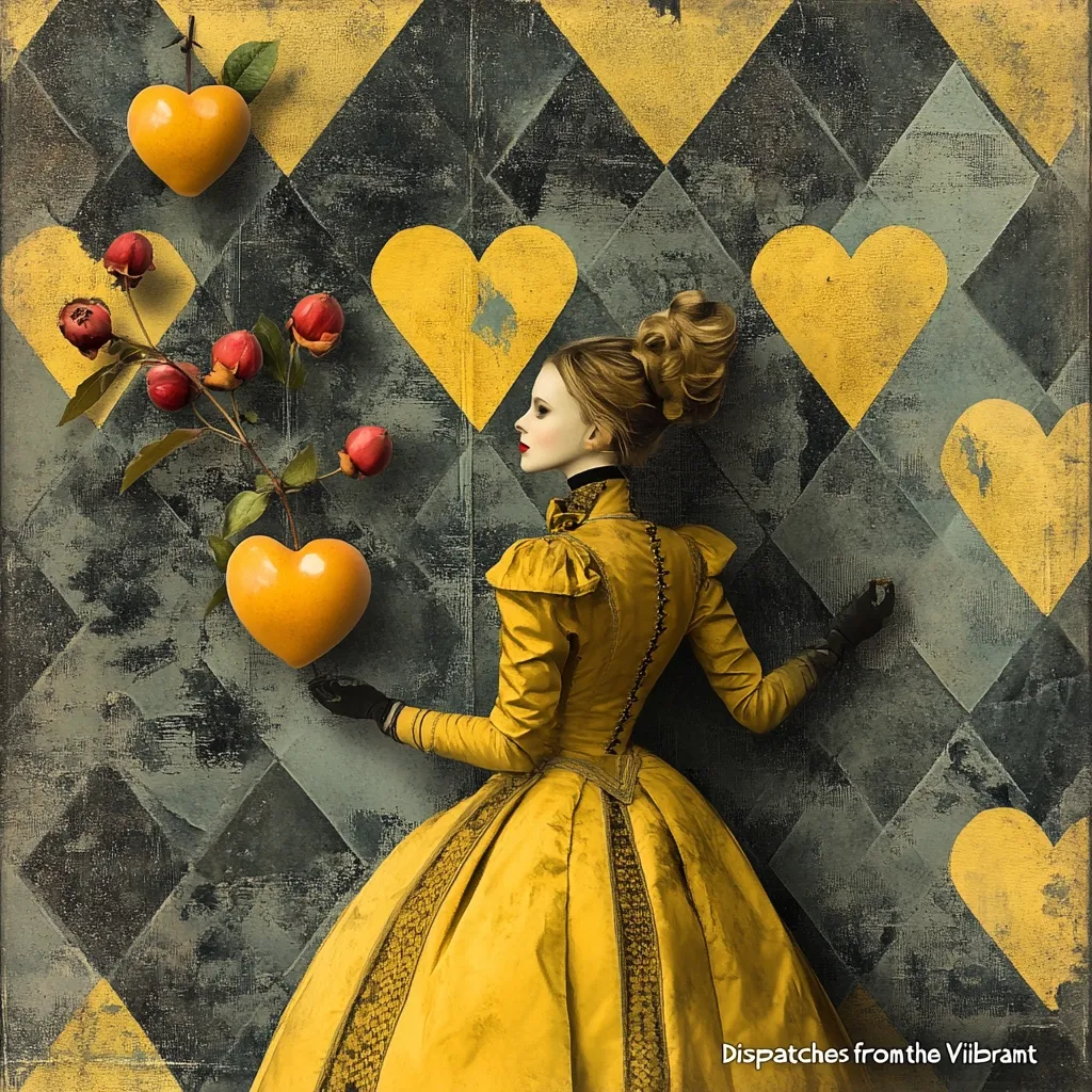 A woman in a long, yellow gown stands against a backdrop of a textured diamond pattern in shades of gray and gold.  Large yellow hearts are interspersed within the pattern. She holds a branch of small, red fruits and a single, large, yellow heart-shaped fruit. Her back is to the viewer, but her head is turned, showcasing a profile view. The overall style is reminiscent of fairytale imagery, with a slightly melancholic and vintage feel.  The artist's signature, "Dispatches from the Vilbrandt," is visible in the bottom right corner.