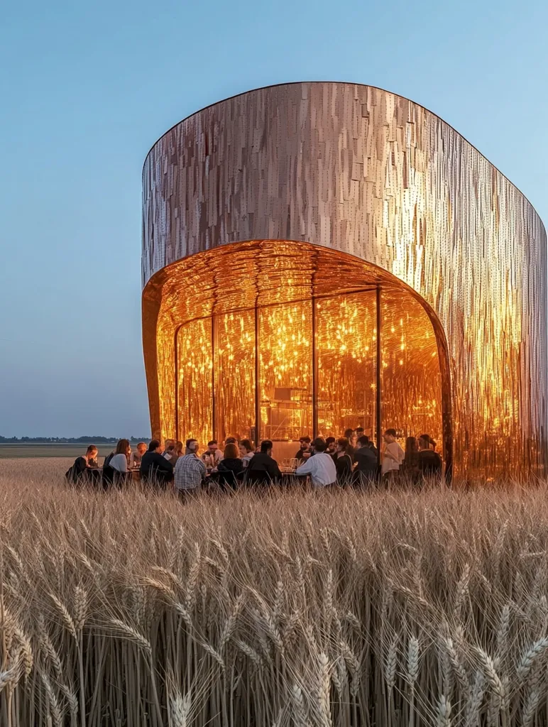 A modern, curved structure, clad in copper-toned panels, sits in a golden wheat field.  Inside, a group of people dine at a long table, illuminated by warm, ambient lighting emanating from within the structure’s translucent walls. The scene evokes a sense of calm and understated elegance, contrasting the natural setting with a sophisticated architectural design. The evening light enhances the golden hues of both the building and the field.