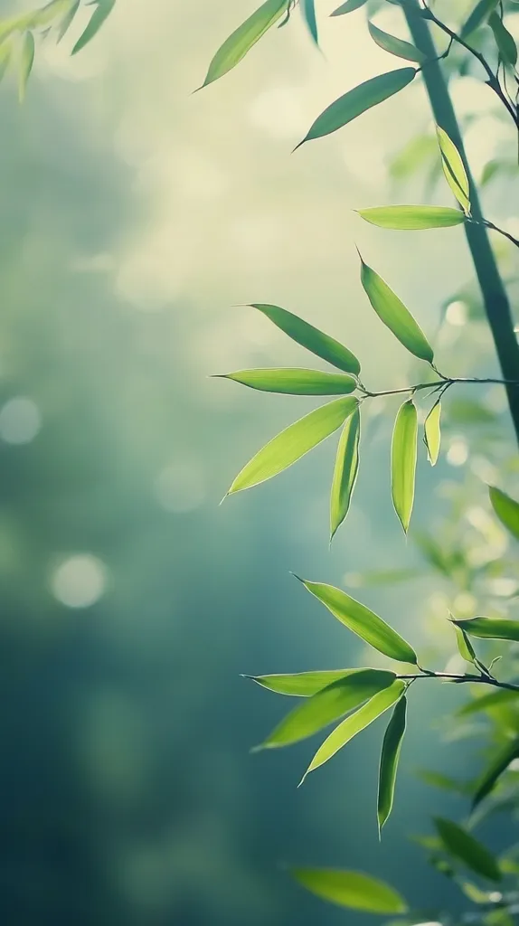 Here's a description of the image:

The image is a close-up shot of vibrant green bamboo leaves, delicately arranged against a soft, blurred background of teal and muted greens.  The leaves are slender and pointed, catching the light, and their details are sharply in focus, contrasting with the bokeh effect in the background, creating a serene and peaceful mood. The overall aesthetic is minimalist and evokes a sense of calmness and natural beauty. A bamboo stalk is partially visible, suggesting a tranquil forest setting.