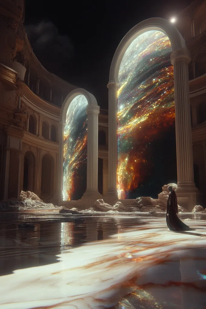 A digital artwork depicts a classical-style hall with two large arched doorways.  Each doorway acts as a window showcasing a vibrant nebula, filled with swirling colors of gold, orange, and deep reds.  The floor is reflective, showing a blend of water and a marbled surface. A lone figure in a long, dark robe stands near one of the doorways, observing the cosmic scene. The overall atmosphere is surreal and dreamlike, suggesting a portal to another dimension or realm.