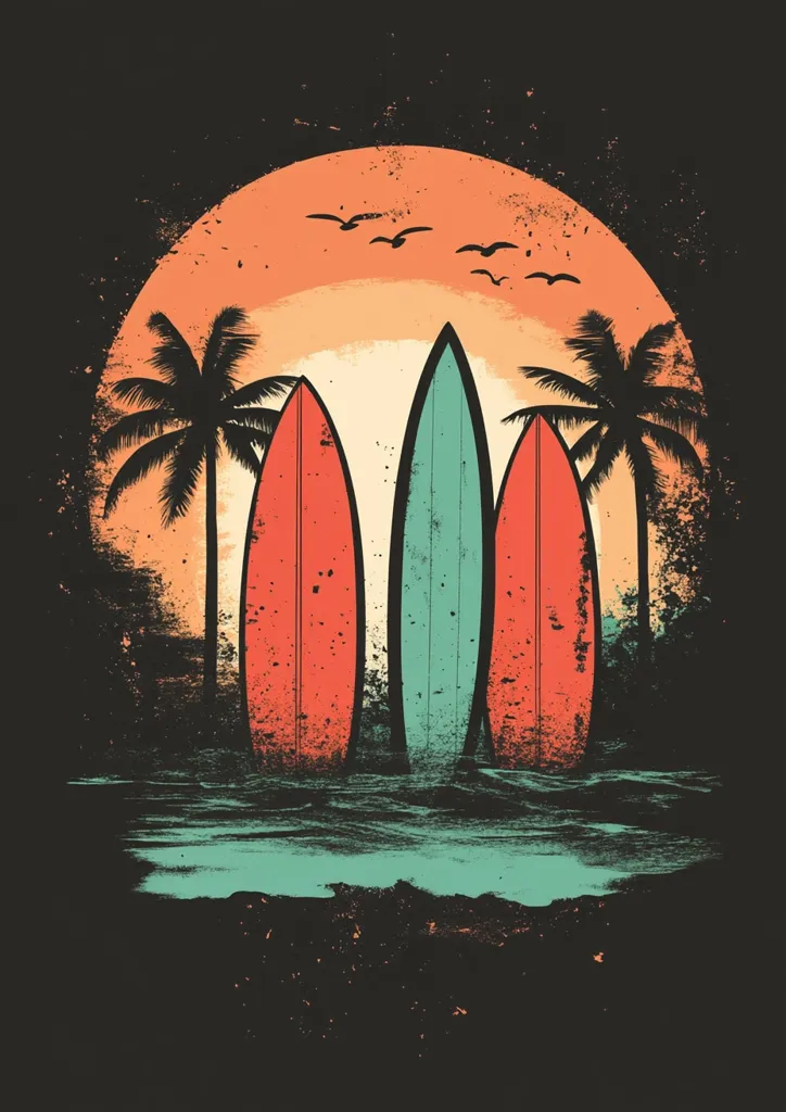 Here's a description of the image:

The artwork depicts three surfboards standing upright on a beach at sunset.  Two surfboards are coral-red, one is teal. They are positioned against a stylized sunset, a large orange circle with a distressed texture, and silhouetted palm trees.  Birds fly across the sunset. The style is vintage, with a grunge or distressed effect adding texture and a retro feel. The overall color palette is muted, dominated by oranges, reds, teal, and black. The scene is peaceful and evokes a nostalgic sense of beach life.