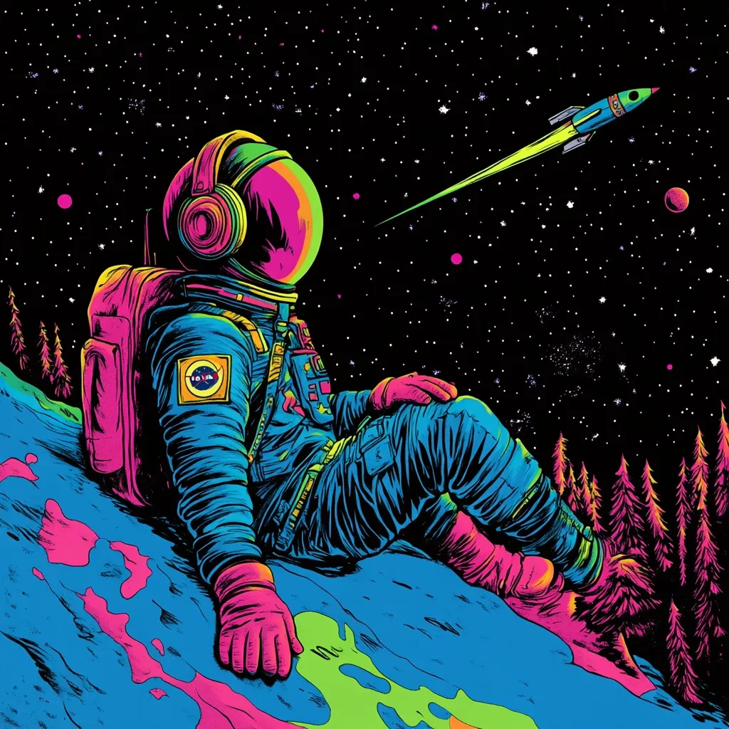 Here's a description of the image:

A vibrant, psychedelic illustration depicts an astronaut in a neon blue and pink spacesuit, relaxedly seated on a rocky, similarly colored outcrop. The astronaut wears headphones and gazes towards a rocket leaving a glowing trail across a dark, star-filled sky.  A cluster of neon-green trees are visible in the background on the lower right. The overall style is reminiscent of retro-futurism and pop art, with bold outlines and striking color contrasts. The scene is dreamlike and peaceful.
