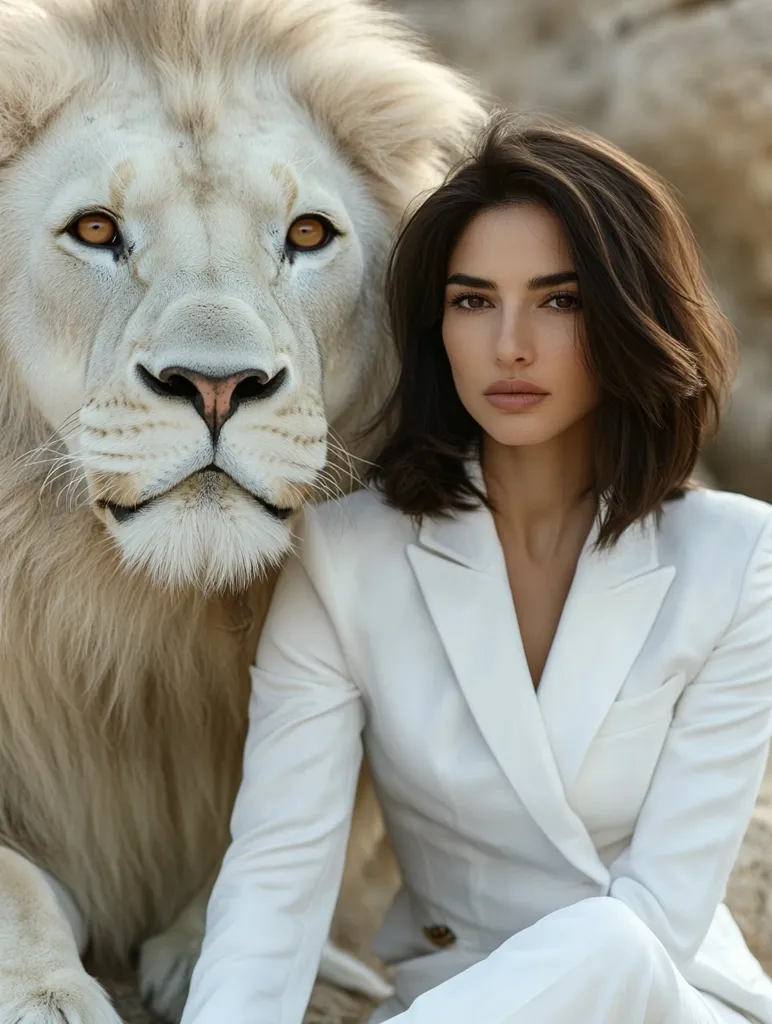 Here's a description of the image:

Close-up view of a woman with shoulder-length brown hair, wearing a crisp white blazer and pants, seated next to a majestic white lion. The lion is positioned slightly behind her, its head and upper body visible. Both the woman and the lion are in sharp focus, against a blurred background of muted earth tones. The woman's expression is serious and composed, her gaze directed slightly away from the camera. The lion appears calm and attentive. The overall tone is one of quiet strength and a unique bond between human and animal.