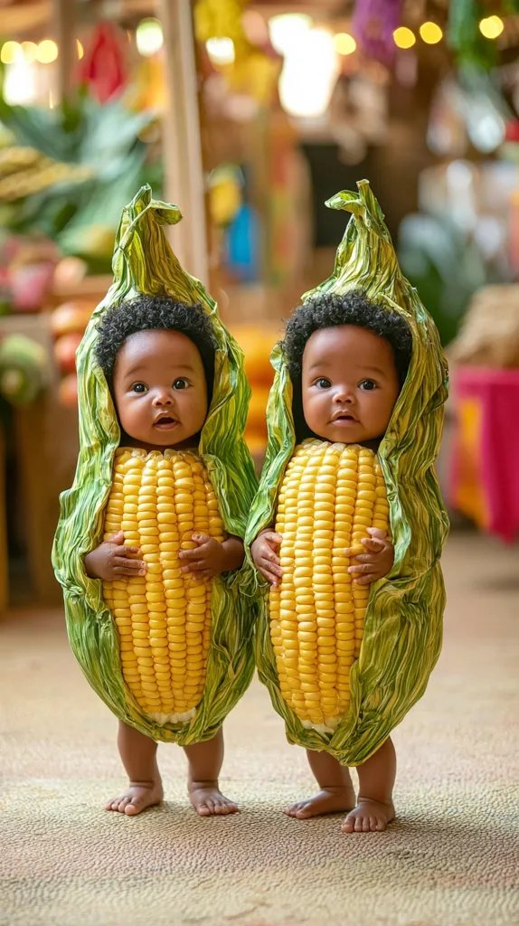 Two adorable twin babies are dressed in corn-on-the-cob costumes.  Each infant, with dark hair and skin, is snugly enveloped in a realistic corn husk outfit, showcasing bright yellow kernels. They stand on a textured surface, their tiny feet visible below the costumes. The background is softly blurred, suggesting a market setting with colorful produce. The image is heartwarming and playful, capturing the innocence and charm of the twins.