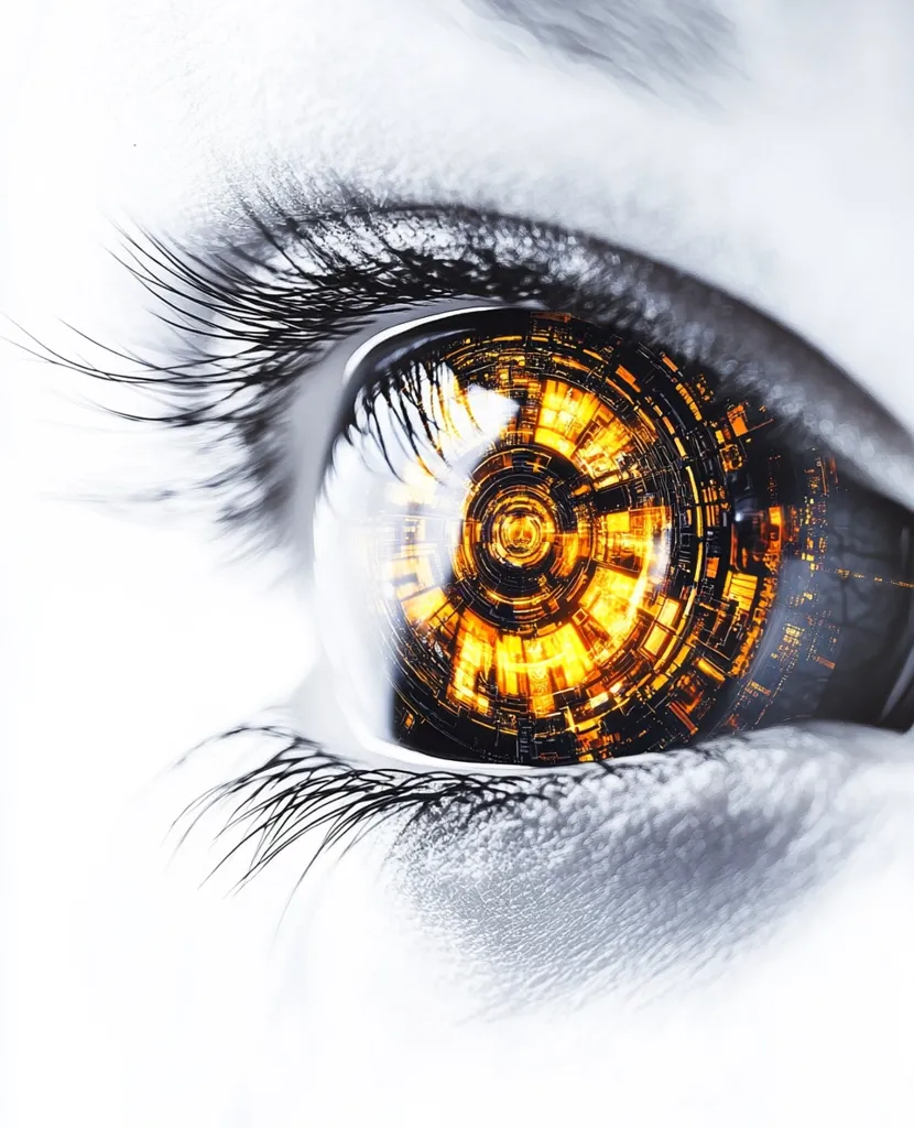 Here's a description of the image:

Close-up view of a stylized eye, seemingly human but with a technological element. The iris is replaced by a complex, circular design of glowing orange and gold circuitry, suggesting a futuristic or cybernetic enhancement.  The surrounding eye and lashes are rendered in grayscale, contrasting sharply with the vibrant, warm tones of the technological iris.  The overall effect is a blend of organic and artificial, creating a visually striking image suggestive of advanced technology integrated with the human body. The background is blurred and white, drawing focus to the detailed eye.