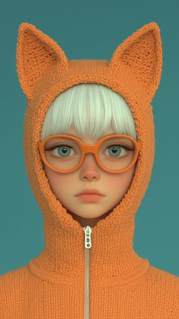 A 3D-rendered image showcases a girl with pale skin and short, platinum blonde hair, wearing large, round orange glasses. She's dressed in a bright orange knitted hoodie featuring prominent cat ears on the hood. The zipper is visible at the front. The background is a muted teal, providing a stark contrast to the warm tones of the clothing. The overall style is minimalist and cute, with a focus on clean lines and soft textures.