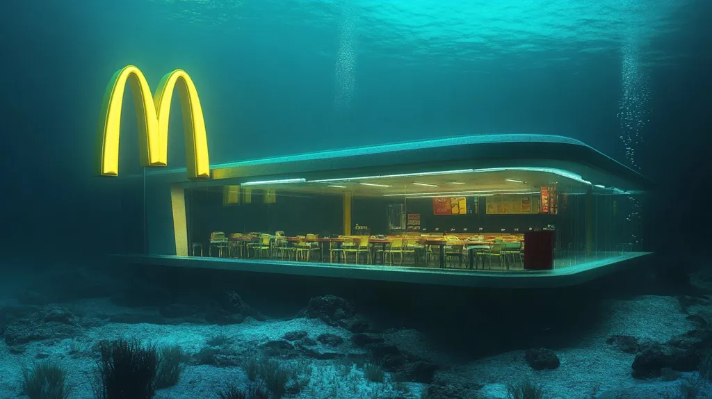 An eerie digital rendering depicts a submerged McDonald's restaurant on the ocean floor.  The iconic golden arches are visible above the structure, which is largely intact, its interior dimly lit and showing empty tables and chairs.  The surrounding seabed is dark, with rocks and sparse marine vegetation.  Air bubbles rise from above, suggesting the restaurant’s unlikely submersion. The overall effect is surreal and slightly unsettling.