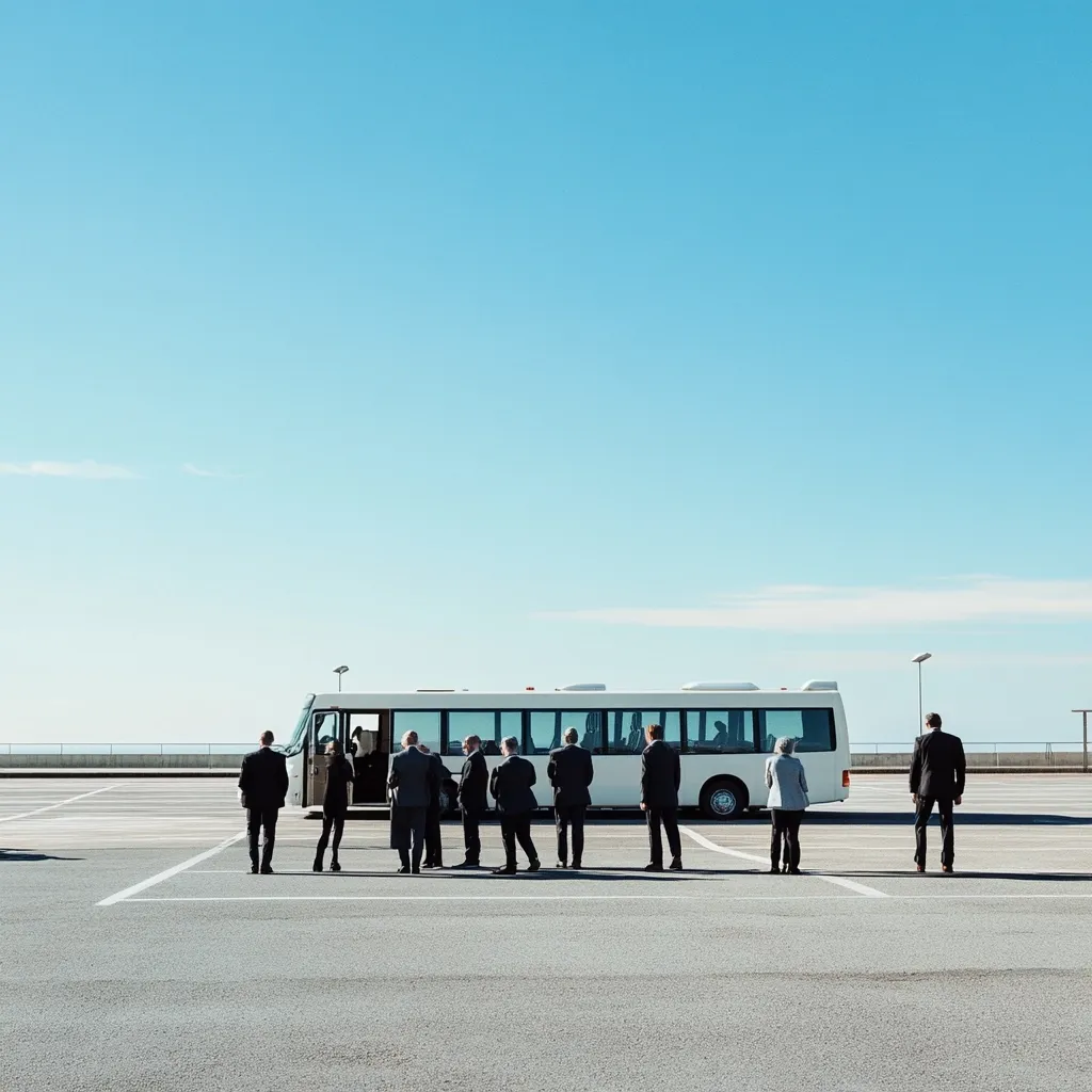 A long white bus is parked in an empty parking lot under a clear blue sky.  A group of approximately ten people, mostly men in dark suits, stand facing the bus, some appearing to be disembarking.  Two women also stand in the group, dressed in similar attire. The scene is minimalist, with the stark contrast between the bright sky, the white bus, and the dark-suited figures. The overall feeling is one of quiet expectation or departure.