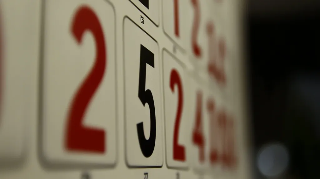 The image shows a close-up of a portion of a calendar or similar numbered grid.  The numbers 2 and 5 are in sharp focus, printed in red and black respectively on individual squares. Other numbers, mostly blurred and appearing reddish, suggest a sequence or pattern. The background is dark and out of focus. The overall impression is of a detail from a larger organizational system, possibly a date display or game board.