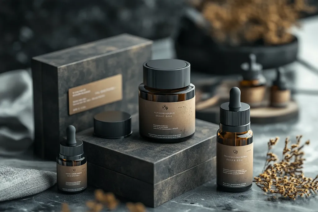 The image shows a collection of dark-colored glass bottles and jars containing skincare products.  They feature minimalist black lids and labels with muted beige text, suggesting a sophisticated and natural brand.  The products are arranged on a dark, textured surface alongside a matching dark-grey box. Dried flowers add a touch of natural elegance. The overall aesthetic is luxurious and understated, emphasizing a high-end product line.