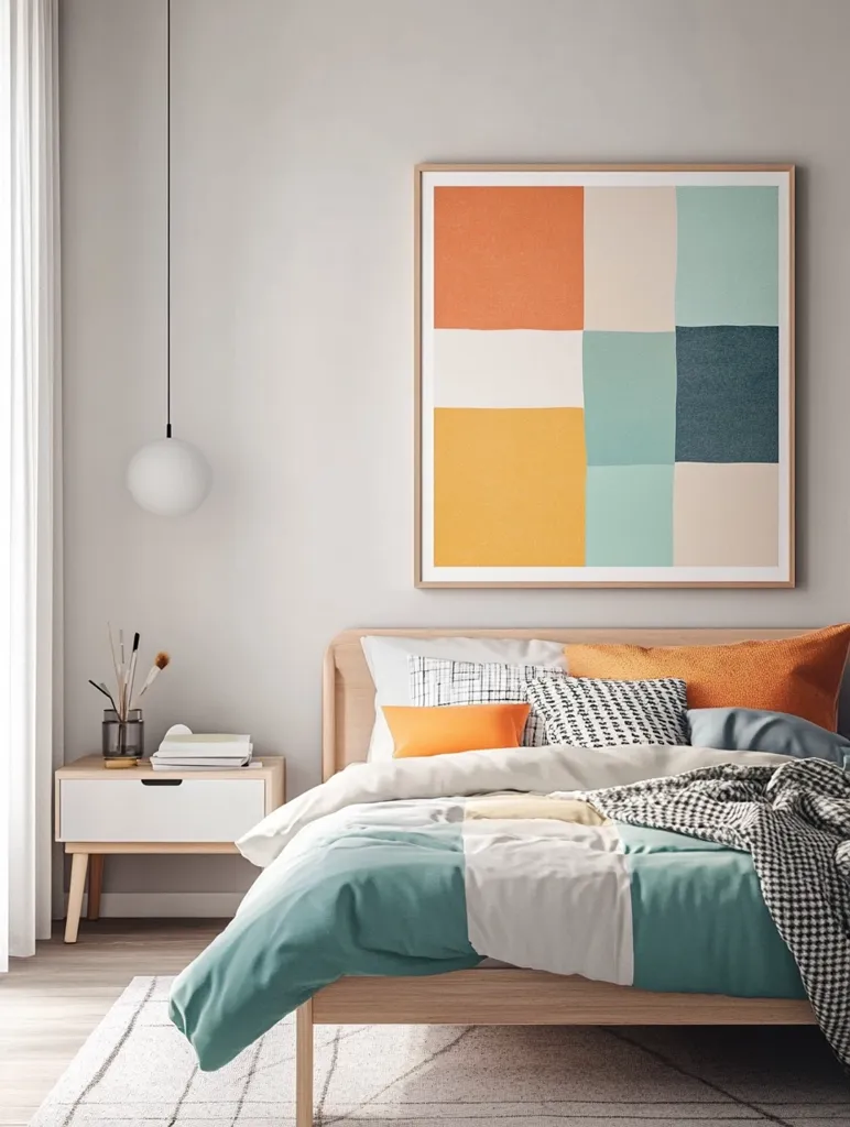 A minimalist bedroom features a light wood bed with teal and white bedding.  Several patterned pillows in oranges and grays add texture.  A small white nightstand sits beside the bed, and a large framed abstract artwork with muted oranges, teals, and yellows hangs on the wall above. A simple, globe-shaped pendant light hangs from the ceiling. The overall aesthetic is calm and modern.
