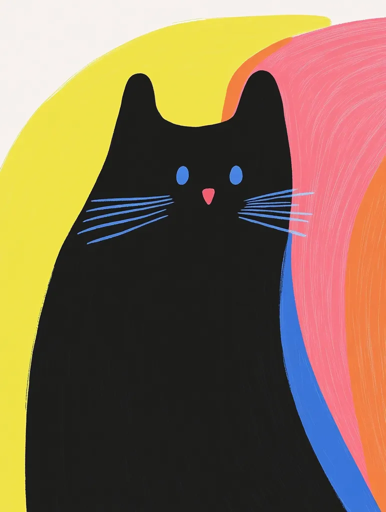 Here's a description of the image:

The illustration features a stylized black cat, its form simplified yet expressive.  Bright blue whiskers and equally vibrant light blue eyes contrast sharply against its dark fur.  A small, pink nose adds a touch of cuteness. The cat is positioned against a backdrop of bold, abstract swirls in yellow, pink, orange, and blue, creating a dynamic and playful composition.  The overall style is modern and graphic, employing flat color and bold lines.