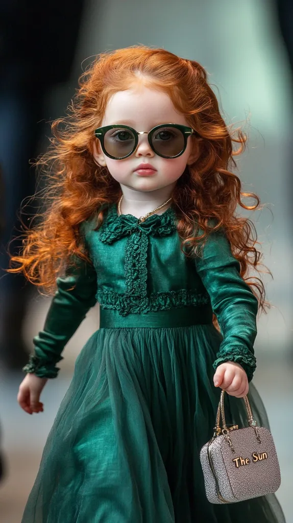 A young girl with vibrant red curls wears oversized dark sunglasses. She's dressed in a sophisticated emerald green dress, adorned with lace detailing at the bodice and a flowing tulle skirt.  A miniature handbag, embossed with "The Sun," hangs from her hand, completing her stylish ensemble.  Her serious expression adds a touch of charm to the image.