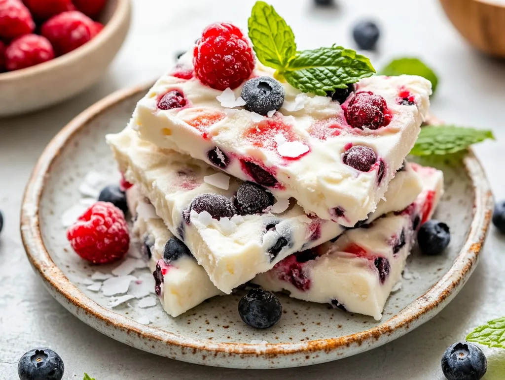 Here's a description of the image:

A close-up shot showcases three layers of frozen yogurt bark stacked on a speckled, light-grey plate.  The bark is studded with vibrant raspberries and blueberries, and garnished with a sprig of fresh mint and a sprinkle of shredded coconut.  A few more berries are scattered around the plate. The background subtly features a bowl of fresh raspberries and a hint of a wooden bowl, suggesting the ingredients' origin. The overall impression is one of a refreshing, healthy, and visually appealing summer treat.