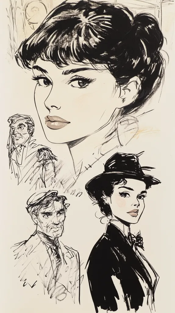 This artwork is a collection of expressive black and white sketches.  A central figure is a young woman with dark, bobbed hair, rendered with bold lines and shading, conveying a strong sense of style.  Surrounding her are smaller, more loosely sketched portraits of men and a woman in a hat, seemingly studies in character design. The style is reminiscent of comic book art or fashion illustration, using ink or charcoal on a cream-colored paper.  The overall mood is sophisticated and slightly mysterious.