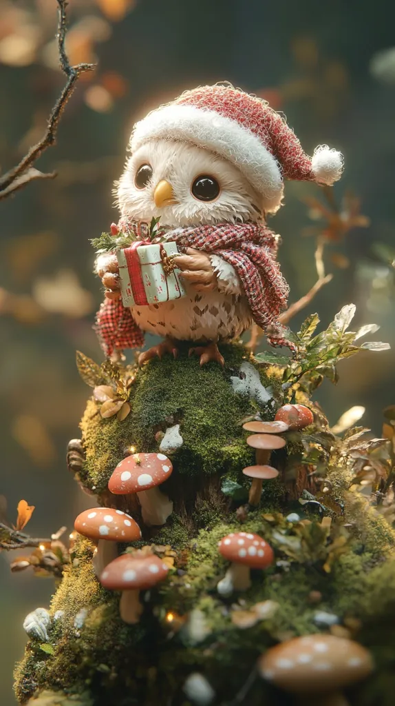 A charming, digitally rendered image depicts a fluffy white owl wearing a Santa hat and a red plaid scarf.  The owl sits atop a mossy stump adorned with miniature mushrooms and glowing lights, clutching a small, wrapped gift. The scene evokes a whimsical, festive woodland setting, blending the warmth of Christmas with the enchantment of a fairytale forest. The soft lighting and detailed textures create a captivating and heartwarming winter scene.