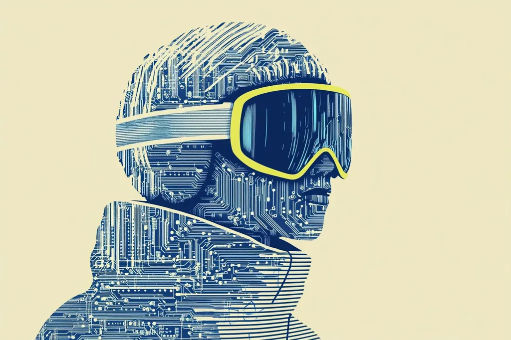 The image is an abstract profile portrait of a person wearing a ski goggle. The figure's face and body are replaced with intricate circuit board patterns, suggesting a merging of human and technology. The color scheme is primarily blue and cream, with a pop of yellow on the goggle's frame.  The style is graphic and stylized, possibly representing the integration of technology in modern life or the concept of artificial intelligence.