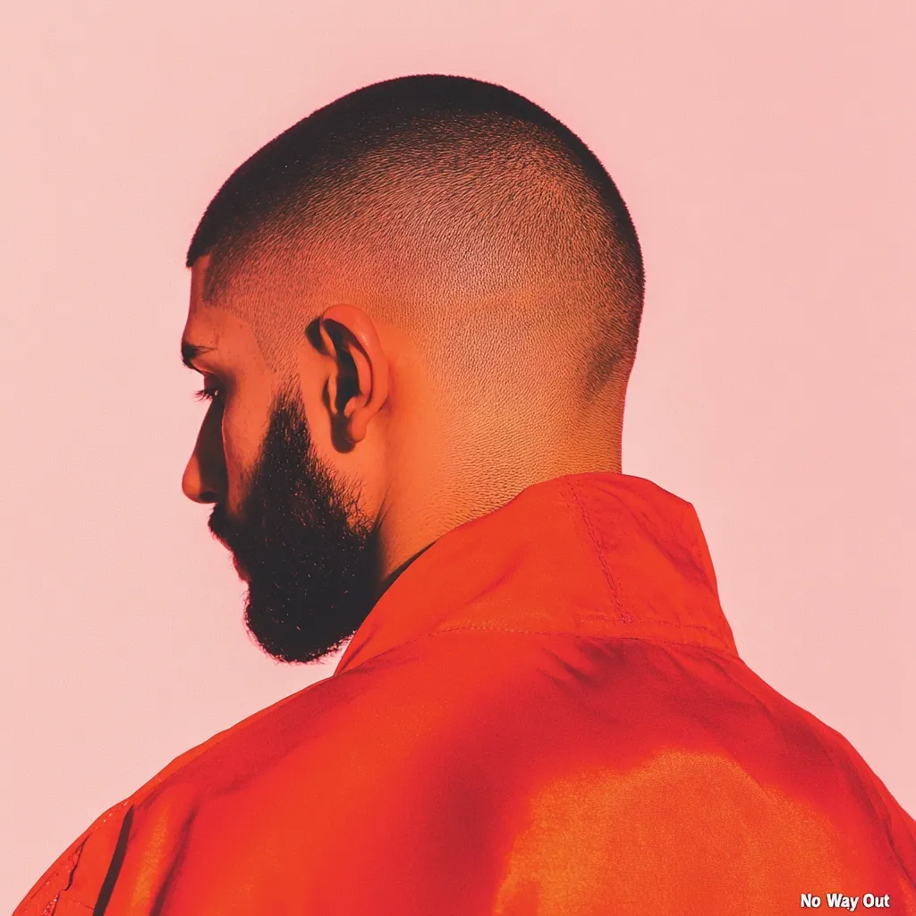 Here's a description of the image:

The image is a close-up profile shot of a man, possibly Drake, with a short, buzzed haircut and a well-groomed beard.  His face is partially visible, turned away from the viewer,  showing a serious or pensive expression. He's wearing a bright, almost neon, orange jacket. The background is a soft, pale pink, providing a strong contrast to the man's attire. The overall lighting and color palette create a moody and stylish aesthetic. The words "No Way Out" are subtly placed in the bottom right corner.