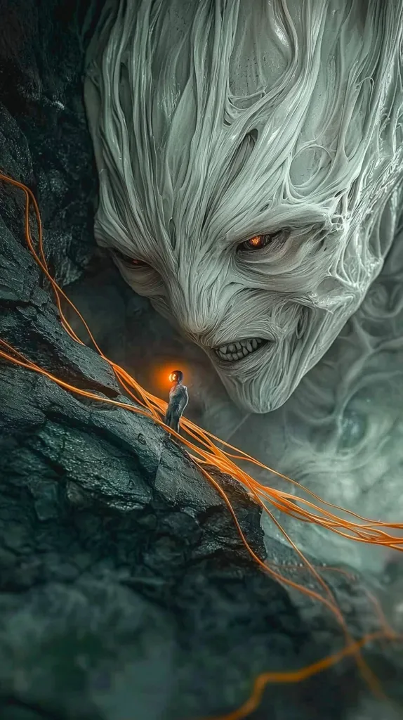 A digital artwork depicts a colossal, monstrous face looming over a small, lone figure. The creature's visage is textured and gnarled, with glowing red eyes and a menacing expression.  Its skin resembles pale, fleshy folds, while orange, vein-like strands snake across the scene, connecting the creature to the rocky terrain where the tiny figure stands with a glowing light. The overall mood is one of immense power and potential threat, creating a stark contrast between the colossal being and the diminutive human.